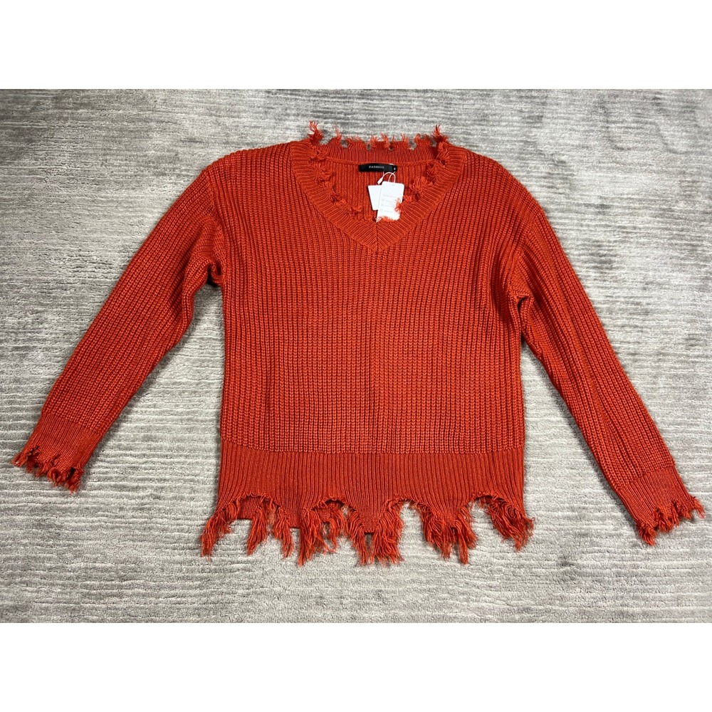 Leani Sweater Women Medium Burnt Orange Distressed V-Neck Ribbed Knit Frayed Hem